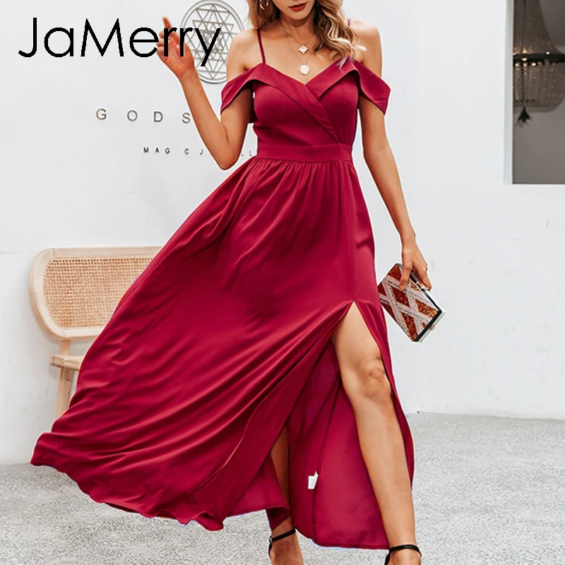 JaMerry, винтажное, сексуальное, с открытыми плечами, длинное, макси платье, элегантное, брекеты, платье для вечеринки, Дамское, с высокой талией, Осеннее, красное, уличный, шикарное платье