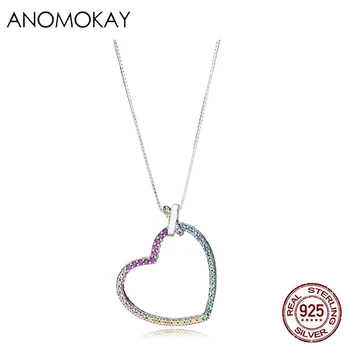 

Anomokay New Arrival Sterling 925 Silver Rainbow Heart Pendant Necklace Fashion Women Girl Birthday S925 SIlver Necklace Jewelry