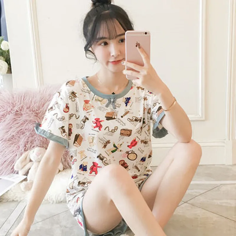 

2020new pajamas women's summer cotton short sleeve student set summer lovely home clothes Two Piece Pajamas can be worn outside