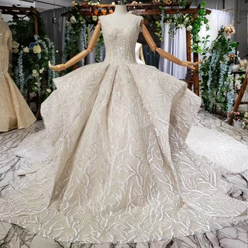 شراءBGW HT41711 الكرة ثوب الزفاف كاتدرائية قطار الدانتيل يصل يزين طيات بلا أكمام فستان الزفاف Vestidos De Novia خمر