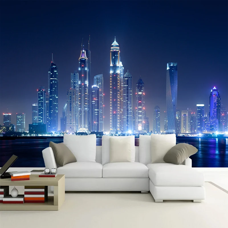 Пользовательские 3D Настенные обои современный вид на ночной город Спальня