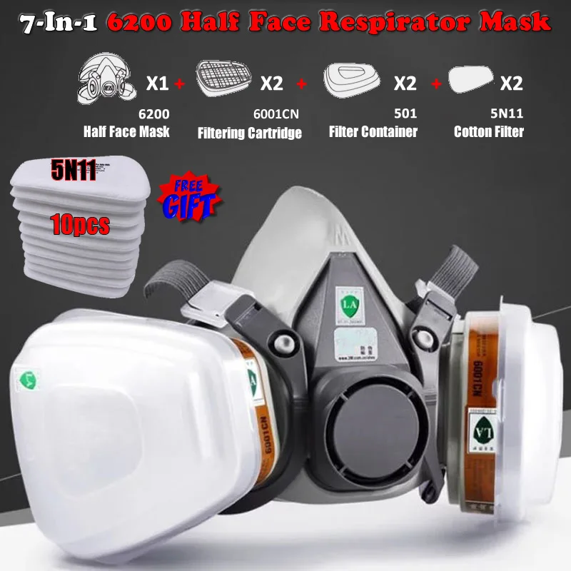 New 7-In-1 6200 Dust Gas Respirator Half Face Dust Mask For Painting Spraying Organic Vapor Chemical Gas Filter Work Safety
