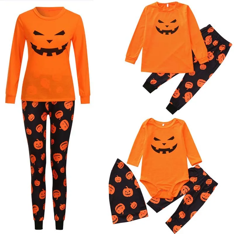 

New Halloween Pumpkin Clothing Set Family Fitting Men Women Kid Orange Pajamas Set Children Adult Cats Night Clothing Nightwear