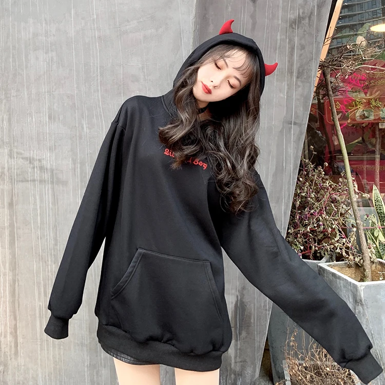 Fall Black Harajuku Hoodies Women Sweatshirt Punk Gothic Girls Devil Wing Loose Autumn Pullover Top Warm Casual Sweatshirt