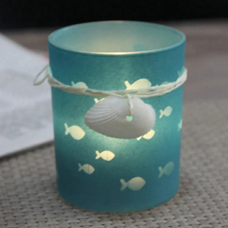 

Creative Glass Mosaic Candle Holder Green Candle Cup with Shell Decor Romantic Candlelight Dinner Candlestick Home Ornament Gift