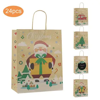 

24Pcs/set Christmas Gift Bags Santa Sacks Kraft Paper Bag with Handle Kids Party Favors Box Christmas Decorations for Home