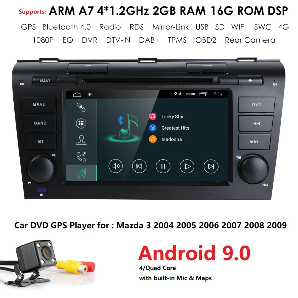 Excellent 1024*600 2G+16G Android9.0 GPS navi car dvd player radio stereo For MAZDA 3 2004-2009 WIFI DAB Mirrorlink rear camera SWC DVR 4G 1