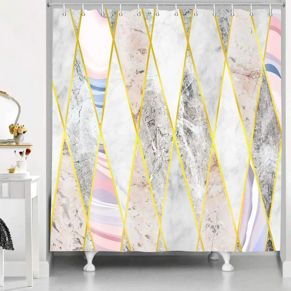 

Штора для душа с Розовым Мрамором, водонепроницаемые занавески для ванной, с геометрическим узором, с прострочкой, с крючками, домашний деко...