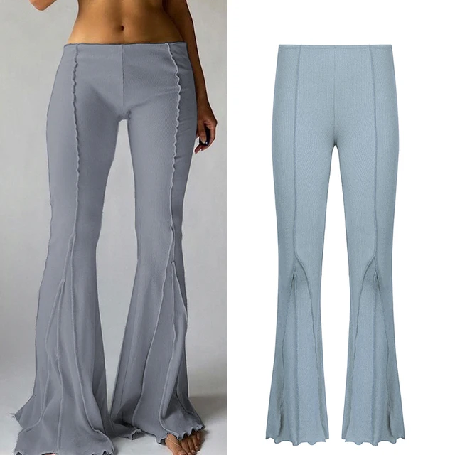 CIBBAR Solid Low Waist Ribbed Flare Pants Women Summer Slim Elegant Casual Elastic Trousers Female Fashion All-Match Streetwear Gray