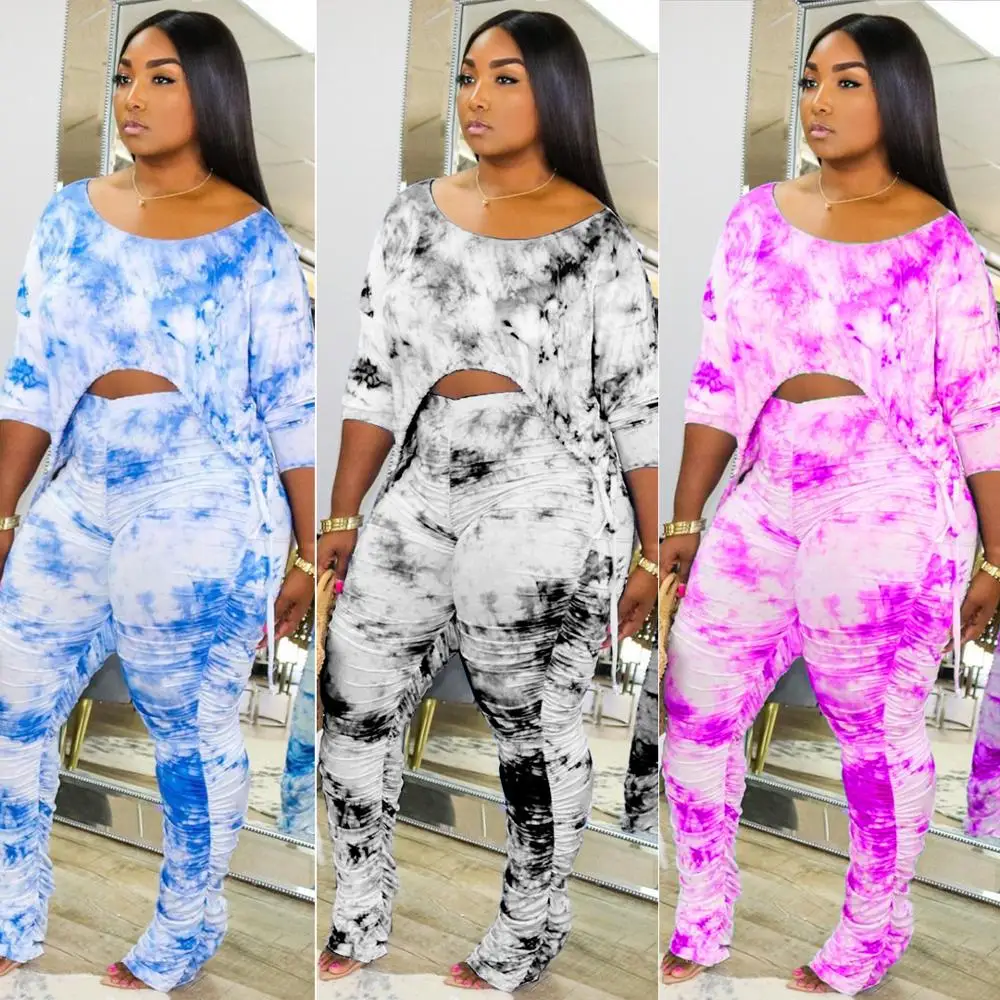 

Causal Stacked Pants joggers Set Print tie Dye loose crop top + pleated pants tracksuit women clothes for women outfit size s-3x