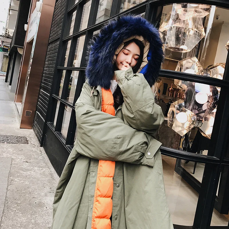 

Photo Shoot Winter New Style Large Fur Collar down Feather Cotton-padded Clothes Women's Mid-length over-the-Knee Korean-style L