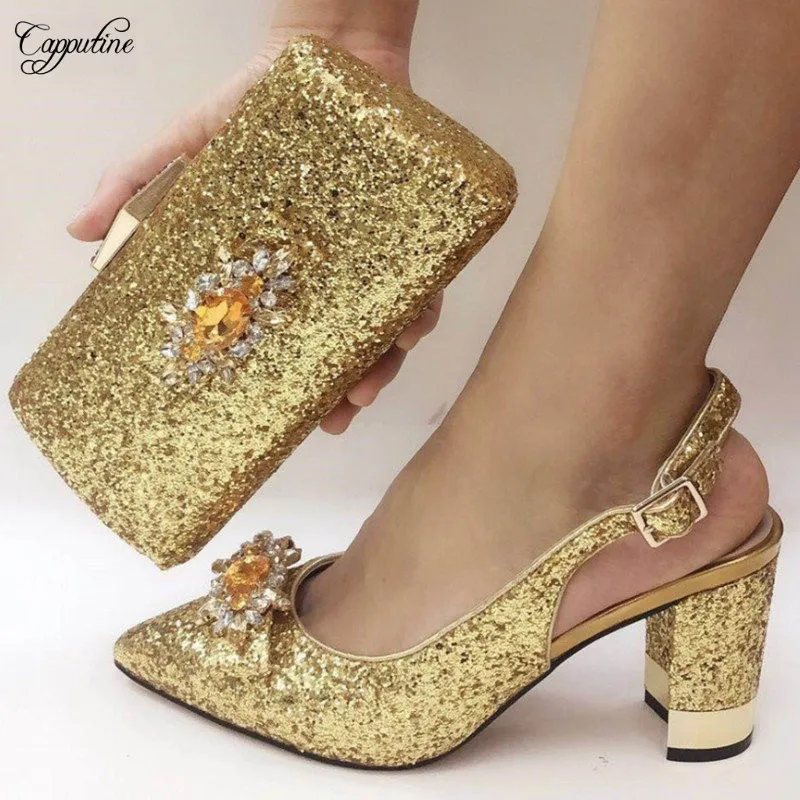 

High Class Wedding/Party Gold Pointed Toe Sandal Shoes And Bag Set Nice Party Pumps With Handbag 073-6 Heel Height 8CM