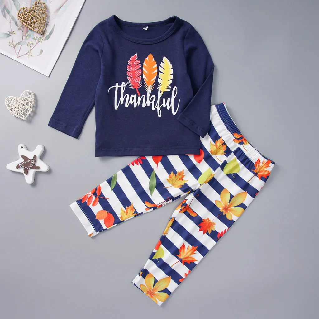 

Kids clothes Toddler Kids Baby Girls Boys Thanksgiving Feather Print Stripe Pants Outfits Girl Boy Clothing Set roupa infantil