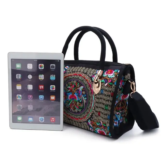 Buy OnlineNew Arrive Women Floral Embroidered Handbag Ethnic Boho Canvas Shopping Tote Zipper Bag.