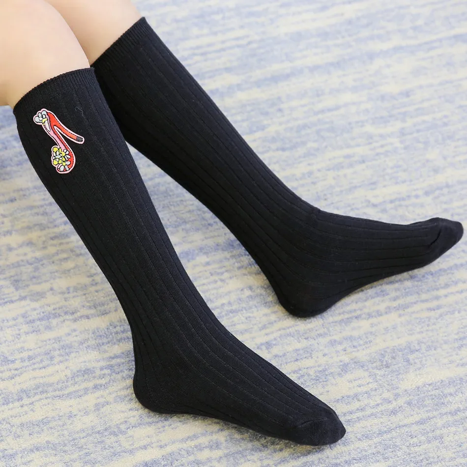 New Style Embroidered High Heel Shoes Combed Cotton Double Needles Vertical Stripe Children High Stockings Girls Bunching Socks