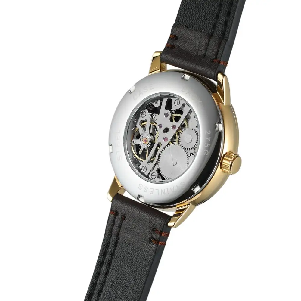 T-WINNER Fashion simple casual men's and women's wrist watch white dial gold case dark brown leather strap mechanical watch 6