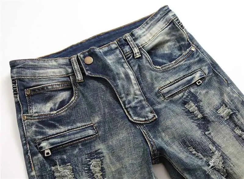 Mcikkny Men Ripped Biker Jeans Pants Straight Patchwork Motorcycle Denim Trousers Male Fashion Designer Size 29-38   (1)