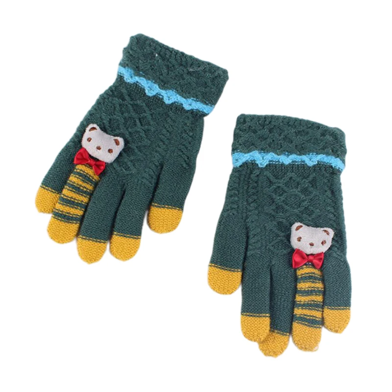 Зимние Детские перчатки, теплые вязаные перчатки, толстые варежки с рисунком медведя и бантиком для детей 5-10 лет - Цвет: green