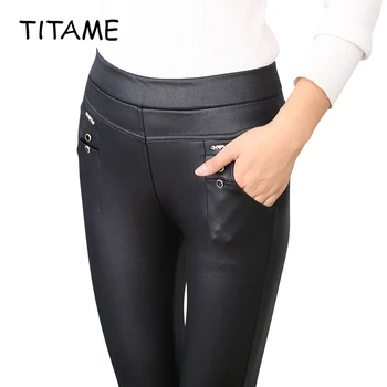 

TITAME Women PU Leather Pants High Waist Slim Bottom Pants 2020 Women New Black Pencil Pants Women Plus Size Pants Solid Pants