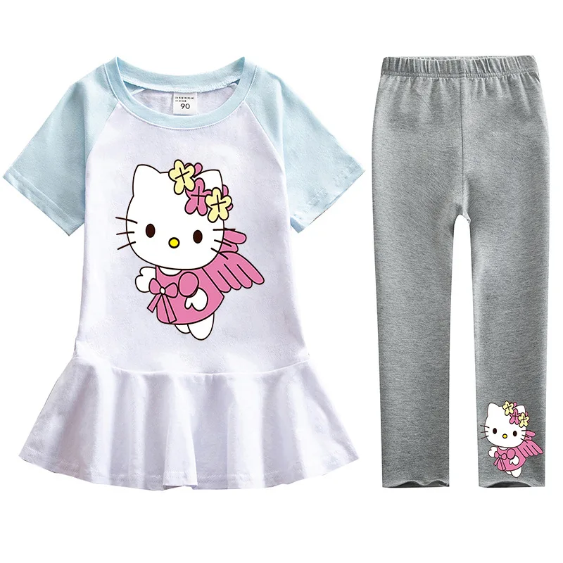 thumbnail image 1 of Ropa para niños de Hello Kitty, vestido de manga corta de algodón, pantalones, traje para niñas, falda de princesa de dibujos animados a la moda + Pantalones de dos piezas, 1 of 4