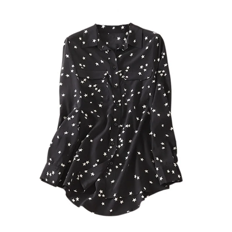 Женская шелковая блузка из 100% натурального шелка с принтом звезды длинным