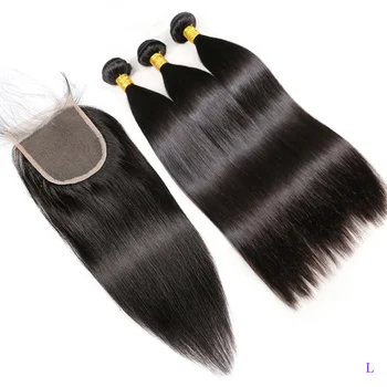 

3 Bundle With Closure Remy Brazilian Straight Human Hair Weaving Bundle Pack Extension Can Pre-colored Can Make Wig Sassoon Bob