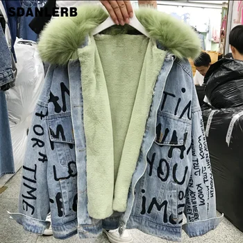 

Winter Warm Coat Jacket Women New Big Soft Faux Fur Collar Cotton Jacket Removable Liner Denim Jacket Chaqueta Mujer 2019