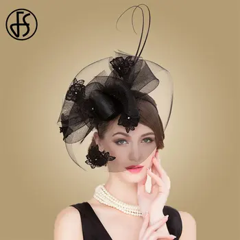 

FS Vintage Black Kentucky Derby Hats For Women Wide Brim Fedoras Fascinator Hat For Wedding Elegant Church Feather Hat