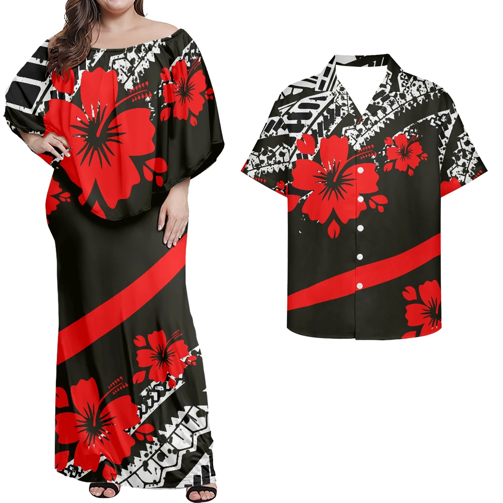 

Летнее повседневное длинное черное платье HYCOOL с принтом гибискуса, полинезийская Этническая Одежда для пары, элегантное платье с открытыми плечами для женщин