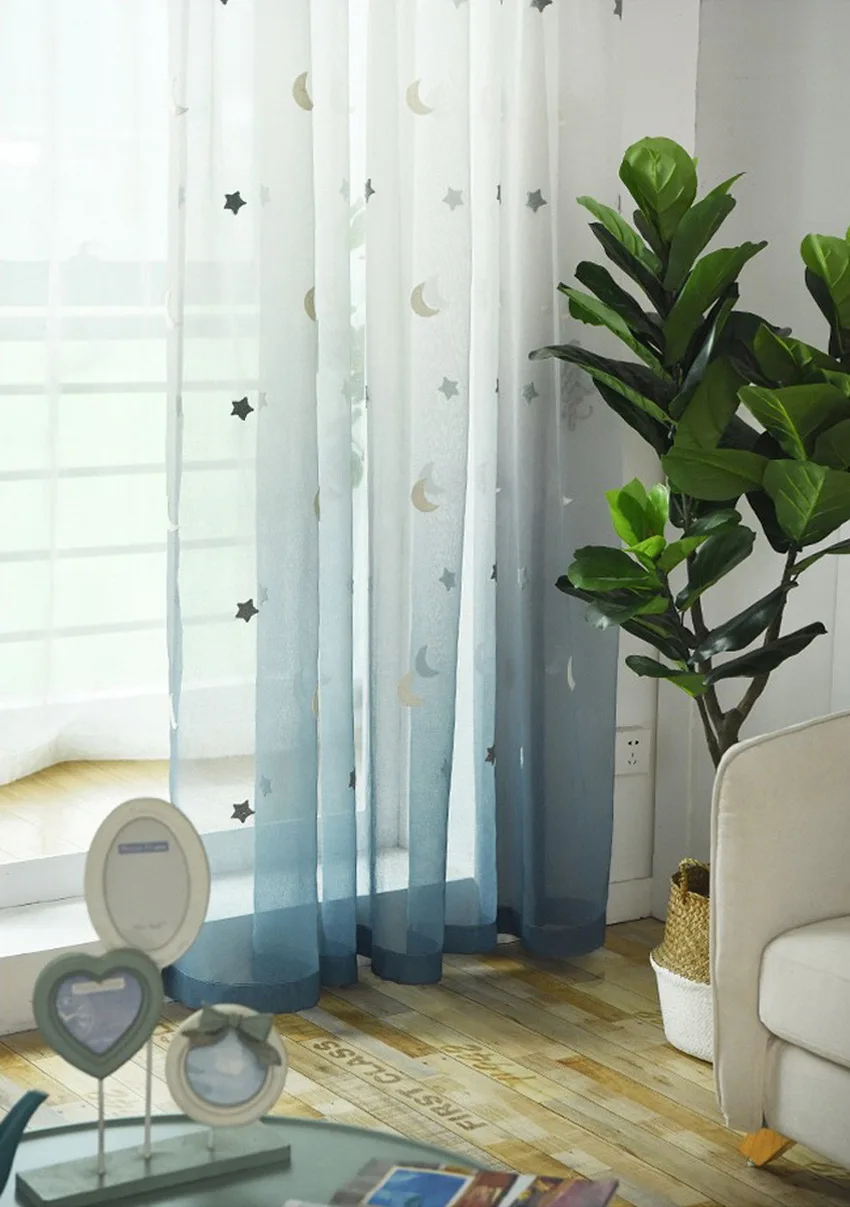 Modern Blue Gradient Tulle Curtain Stars Moon Embroidered Sheer Panel For Living Room Bedroom Kid's room Boy /Girl Curtain 154#4