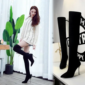 

Cuissardes Femme Chaussure Women Winter Boots Black Plush Shoes Ladies Thigh High Boots OverKnee High Boots Suede Leather Shoes