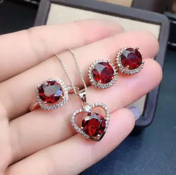 

Real Natural Garnet jewelry set Natural Real Garnet 925 sterling silver 1pc pendant,1pc ring,2pcs Earring