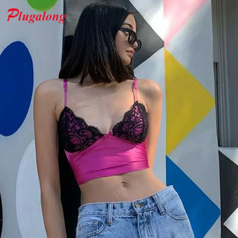

Plugalong Patchwork Low Cut Sexy Summer Tops With Lace Spaghetti Strap Skinny Clubwear Casual Cami Off Shoulder Backless Croptop