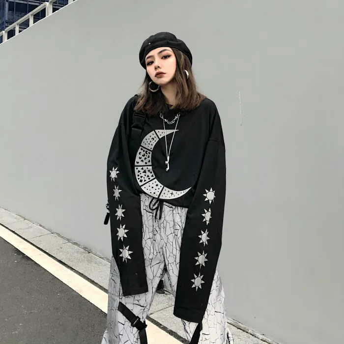 Woherb Harajuku BF с круглым вырезом футболка с длинным рукавом для женщин с рисунком Луны, Повседневное свободные топы Для женщин уличная Camiseta Feminina 91481