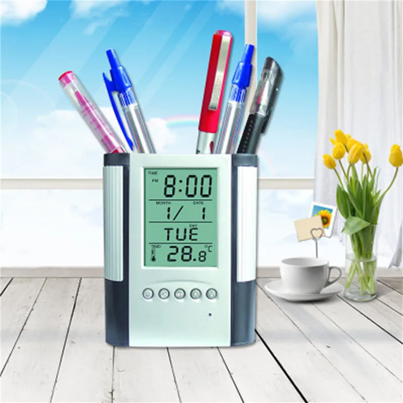 ABS многофункциональная цифровая настольная ручка/держатель для карандашей дисплей ЖК-будильник термометр и календарь домашний декор Офис школа