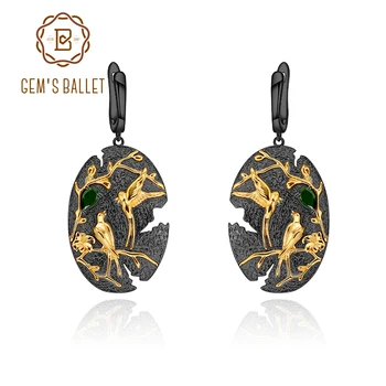 

GEM'S BALLET Handmade Loving Bird Tree Branch Nature Chrome Diopside Woman’s Statement Earrings 925 Sterling Silver Art Jewelry