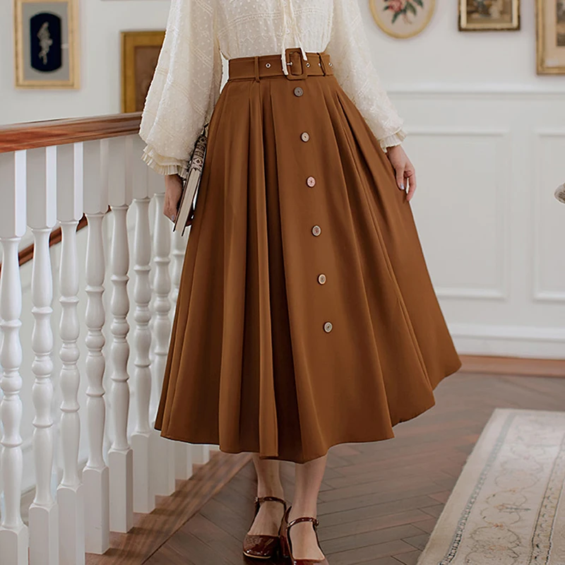 Streetwear Long Skirt Women High Waist Single breast Pleated