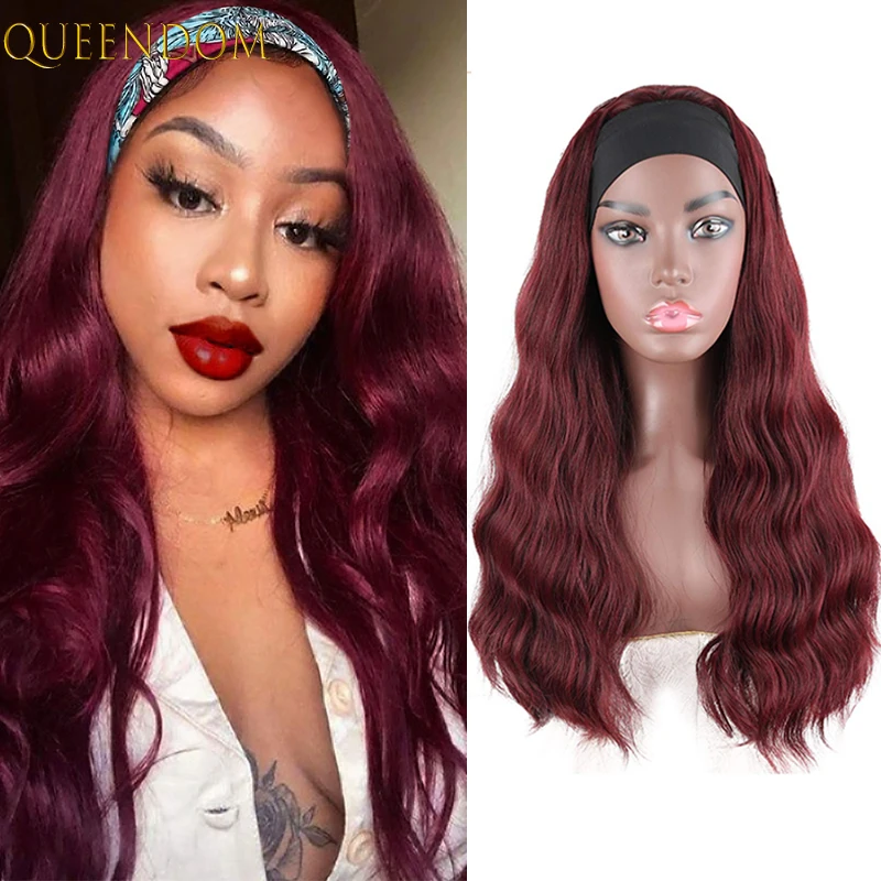 Red Ocean Wave Headband Wig African American Natural Wigs with Turban Synthetic Body False Hair Cosplay for Women | Шиньоны и парики