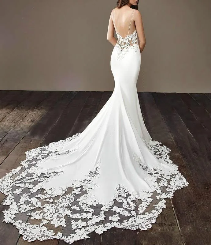 2020 Cheap Lace Mermaid Beach Wedding Dresses Satin Lace Applique Sweep Train Boho Wedding Bridal Gowns robes de mariée BC0190