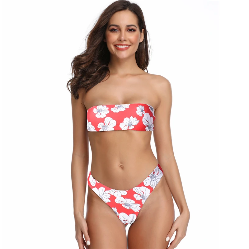 

Sexy Women Brand Bikini Set Floral Print Strapless Swimwear Swimsuit Off Shoulder Brazilian Biquini Thong Bikini Maillot De Bain
