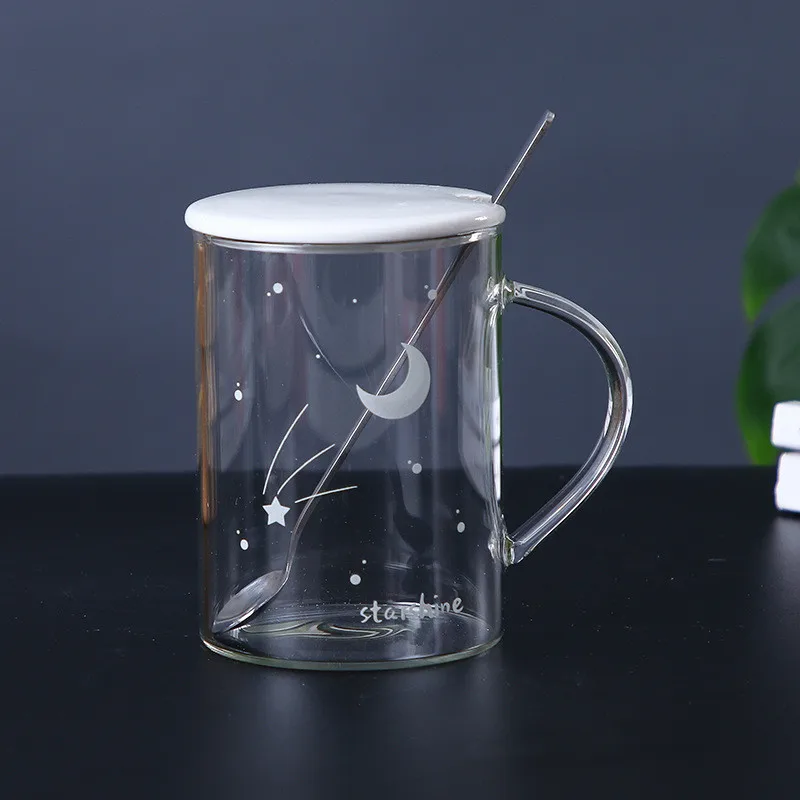 Креативная Стеклянная Кружка со звездами, домашняя пара, термоустойчивая чашка, горячая вода, изменяющая цвет чашка молоко чай кофе, чашка с крышкой, ложка - Цвет: Moon Light