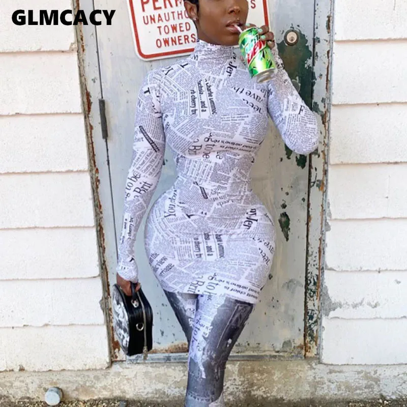 

Women Streetwear Turtleneck Letter High Waist Skinny Dress Autumn Casual Print Slim Long Sleeve Above Knee Dress