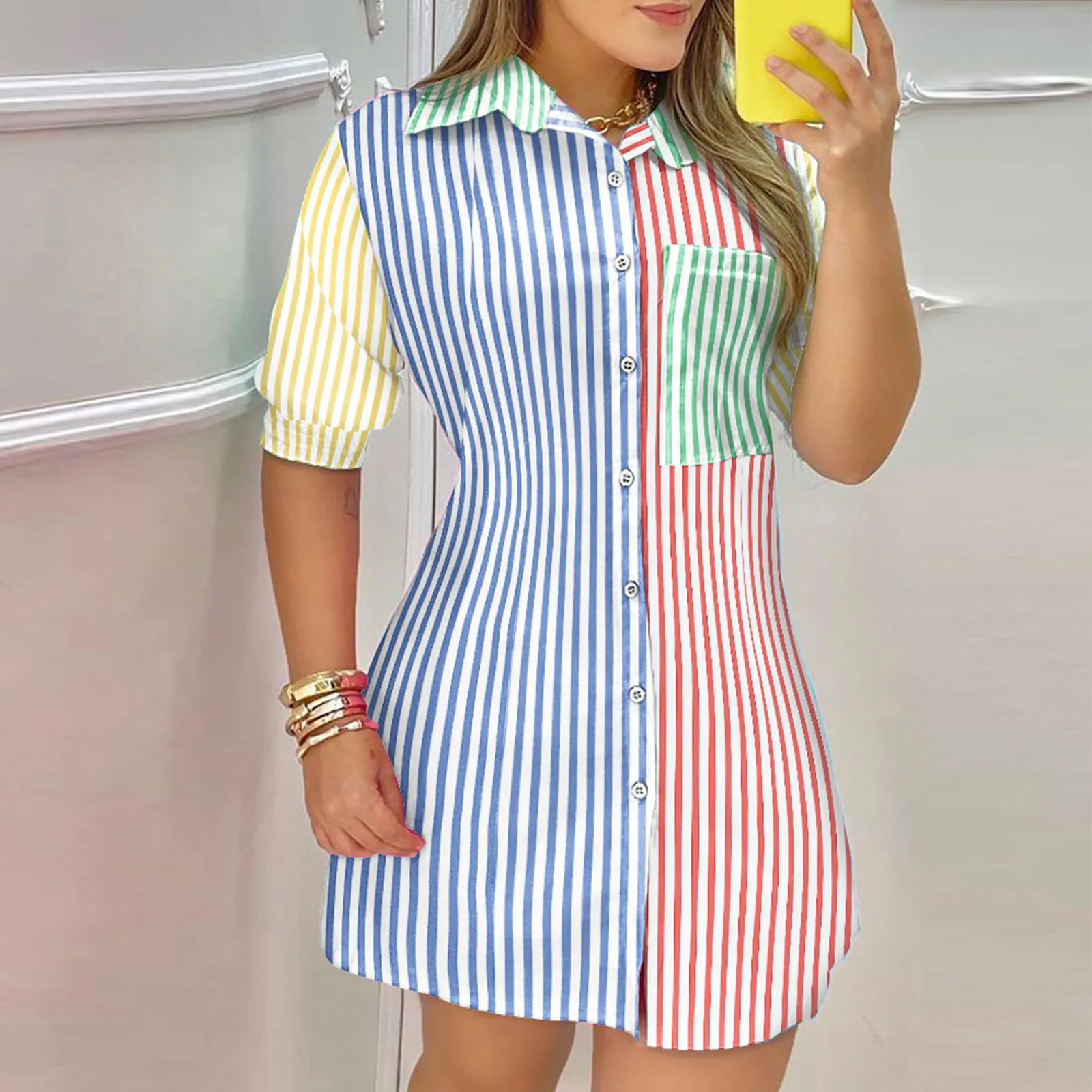 Shirt Dress Women Colorblock Striped Printed Office Lady Work Dresses