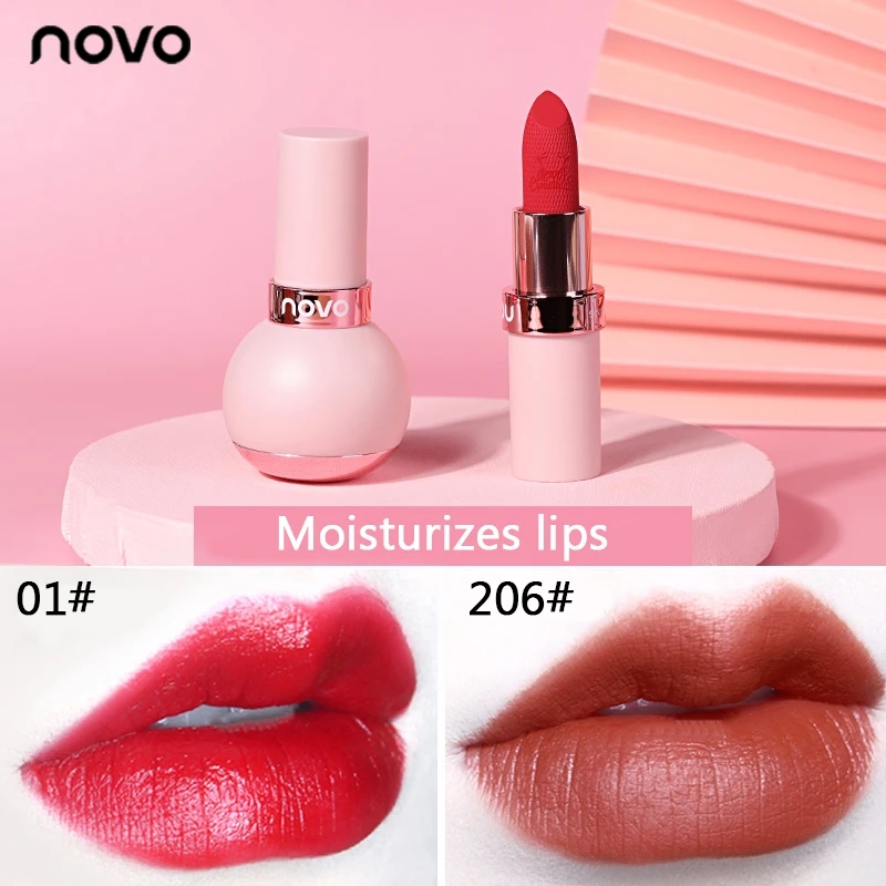 

NOVO New Moisturizing Matte Lipstick Silk and Satin Soft Mist Shaking Lip Stick Carved Lipstick Lip Makeup 6 Color