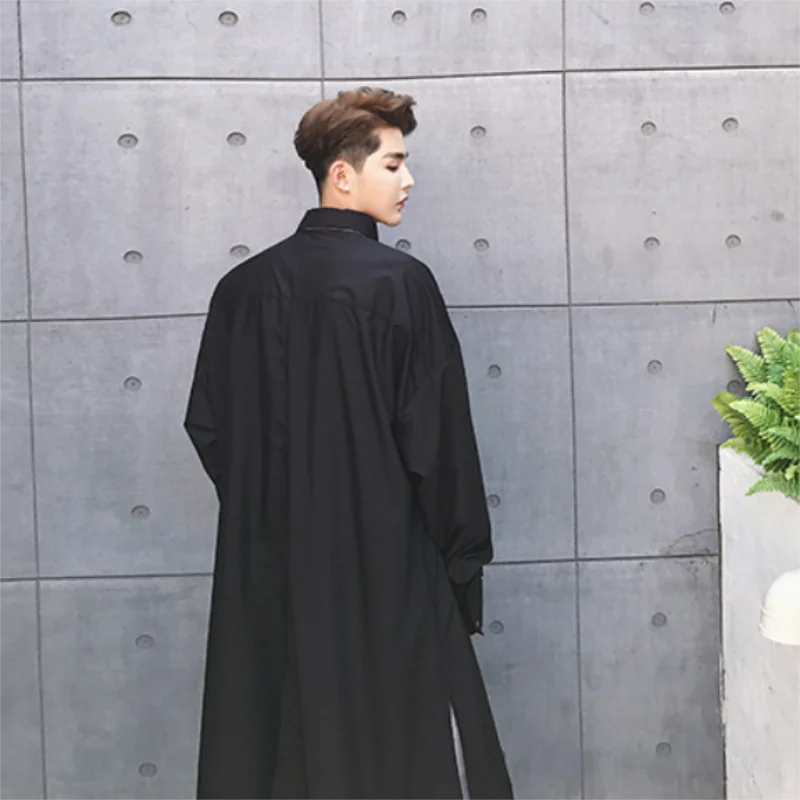 Men's Long Sleeve Shirt Spring And Autumn New Korean Fashion Super Long Personality Bifurcation Design Casual Large Size Shirt