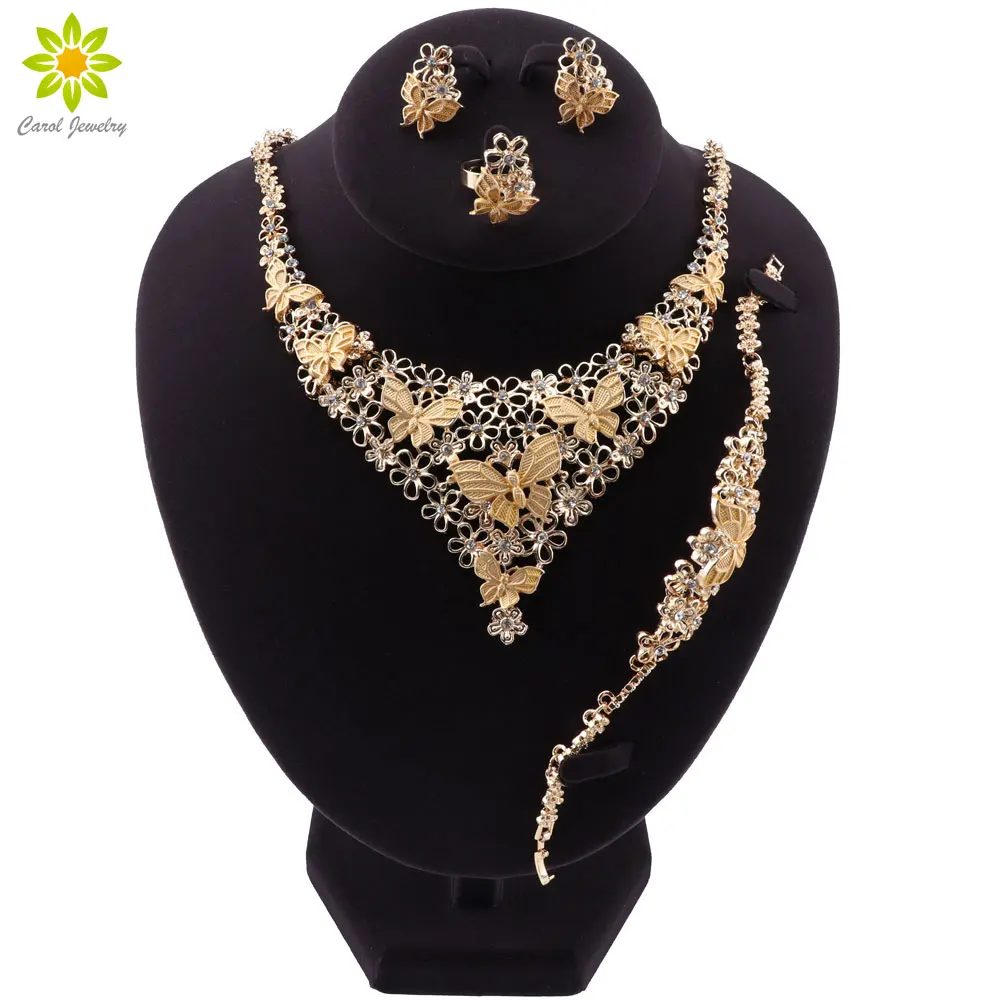 Dubai Fashion Women Butterfly Gold Color Necklace Wedding Party Jewelry Set Bracelet Earrings