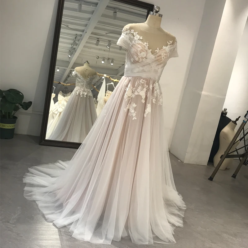

Beach Wedding Dresses Short Sleeves Bridal Gowns Sexy Scoop Neck A Line Vestido De Novia Illusion Lace Tulle Robe de Mariage