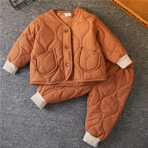 Комплект детской одежды из 2 предметов, куртка+ штаны, зимняя теплая однотонная одежда - Цвет: jiao