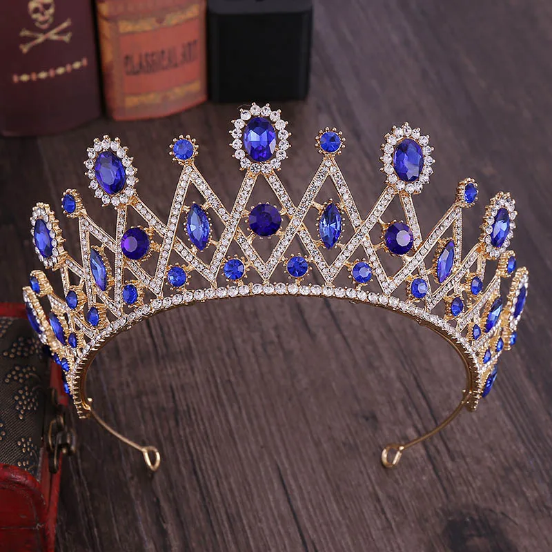 Изысканный большой полый кристалл диадема Стразы queen диадемы и короны ободки свадебные аксессуары для волос ювелирные изделия для волос - Окраска металла: Синий