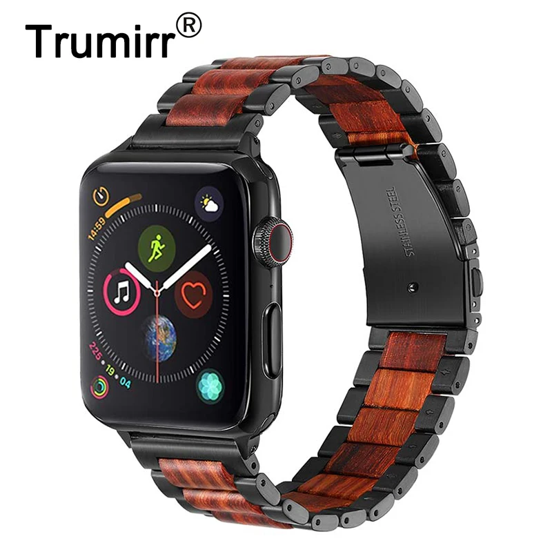 Ремешок из натурального дерева и нержавеющей стали для iWatch Apple Watch Series 5 4 3 2 1 44 мм 42